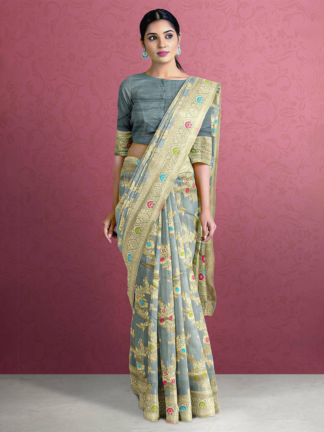 

Kalamandir Women Grey & Red Floral Zari Silk Blend Saree