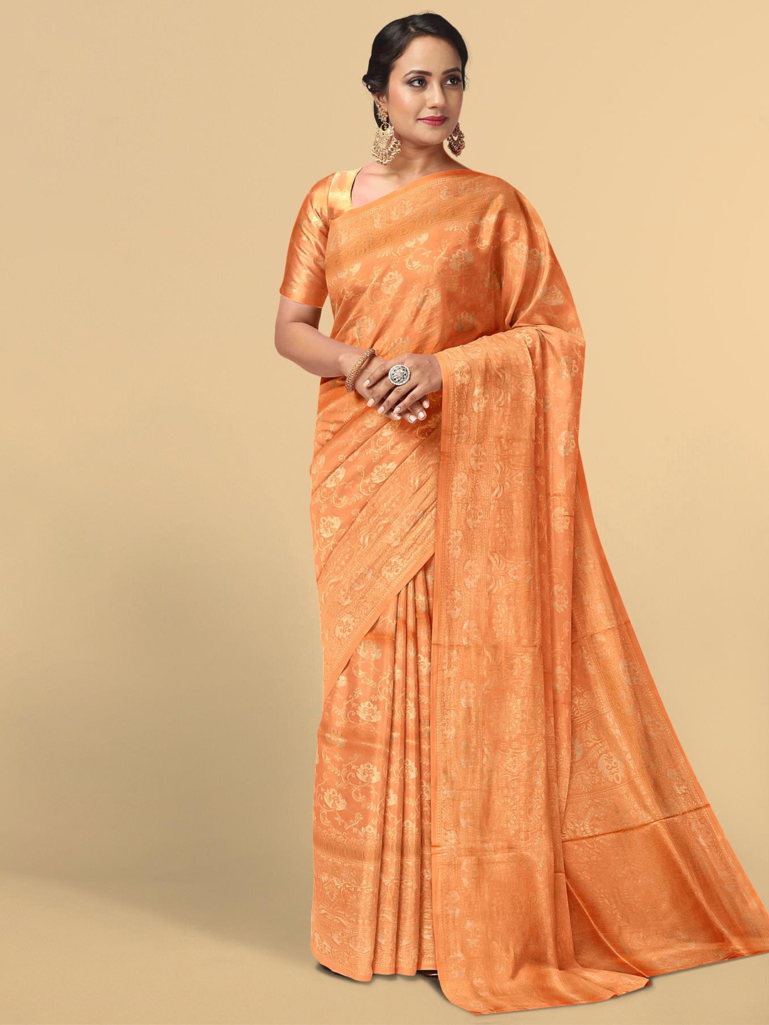 

Kalamandir Orange & Gold-Toned Ethnic Motifs Zari Silk Blend Saree