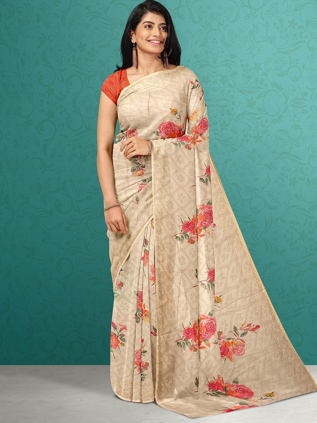 

Kalamandir Cream & Red Floral Silk Blend Saree