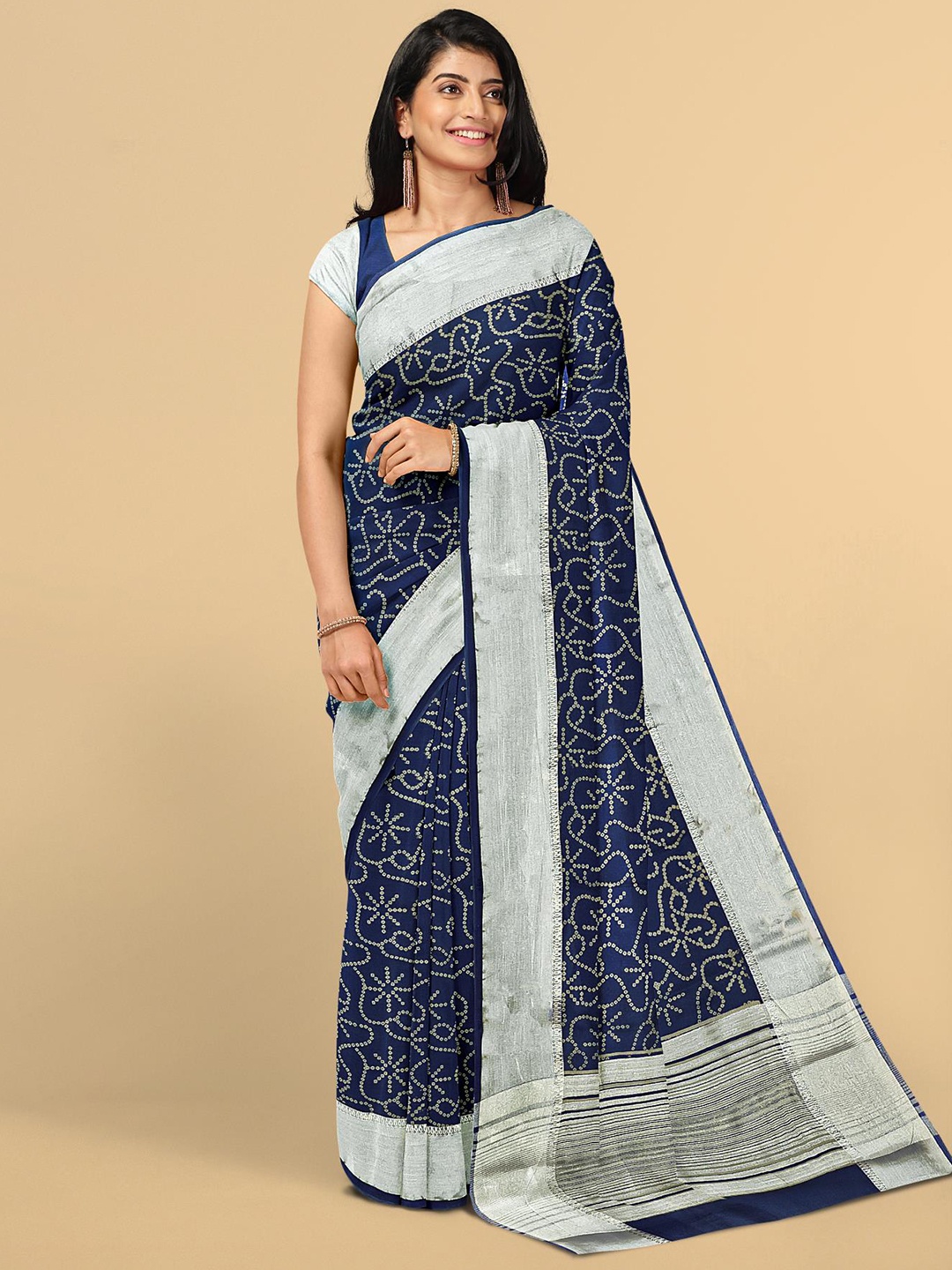 

Kalamandir Navy Blue & White Bandhani Zari Silk Blend Saree