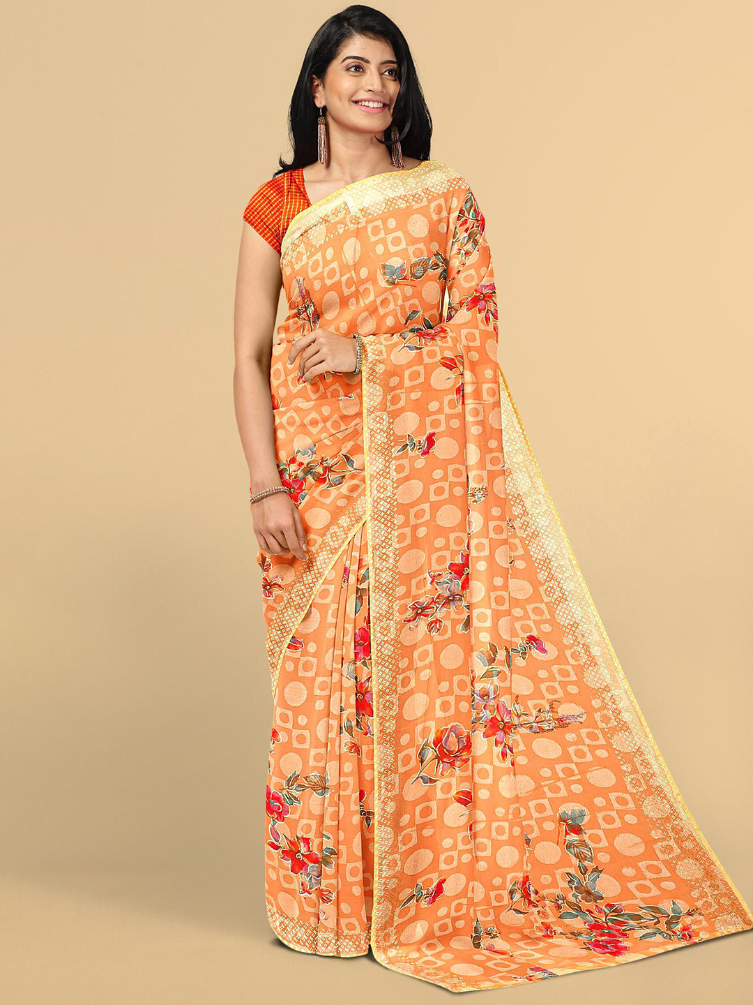 

Kalamandir Orange & Red Floral Silk Blend Saree