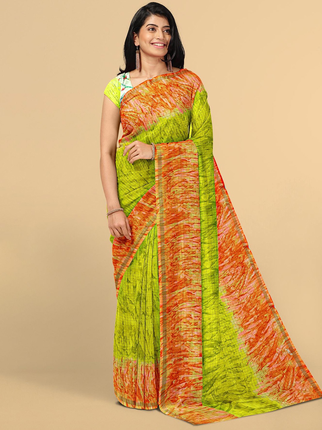 

Kalamandir Green & Orange Abstract Printed Jute Cotton Saree