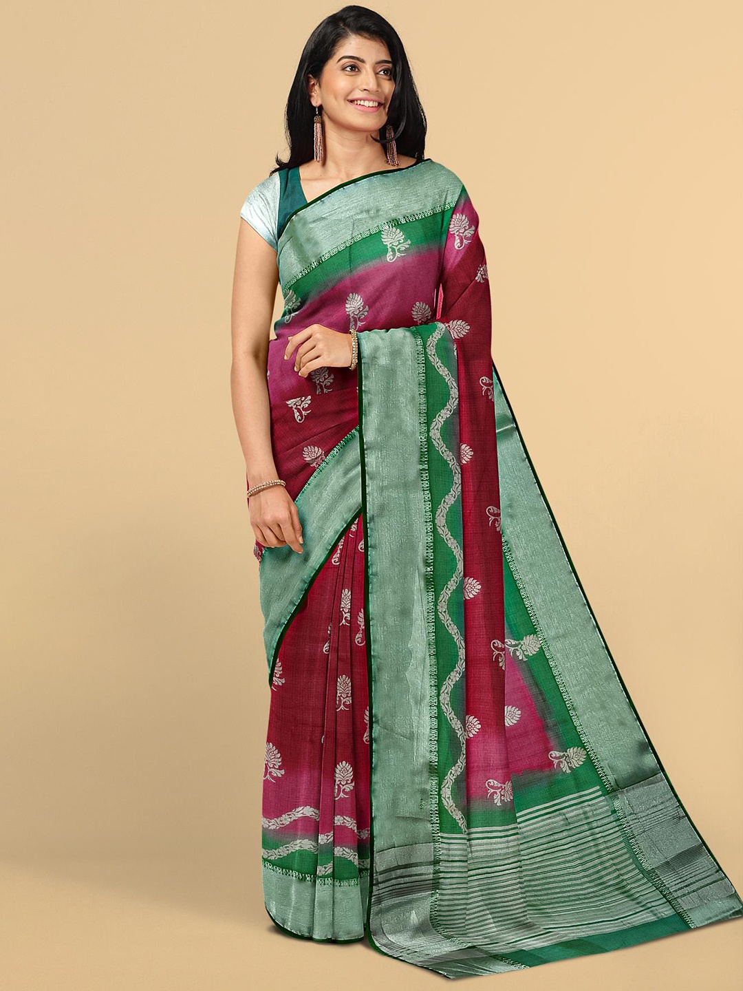 

Kalamandir Maroon & Green Floral Zari Silk Blend Saree