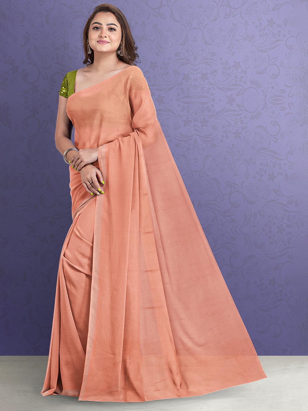 

Kalamandir Peach-Coloured Solid Silk Blend Saree