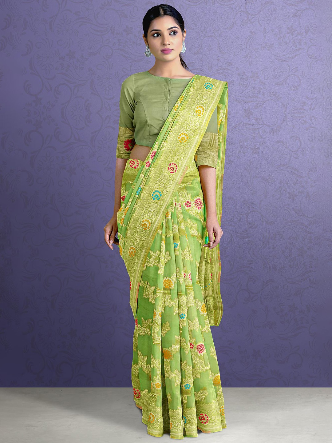 

Kalamandir Green & Blue Floral Silk Blend Saree