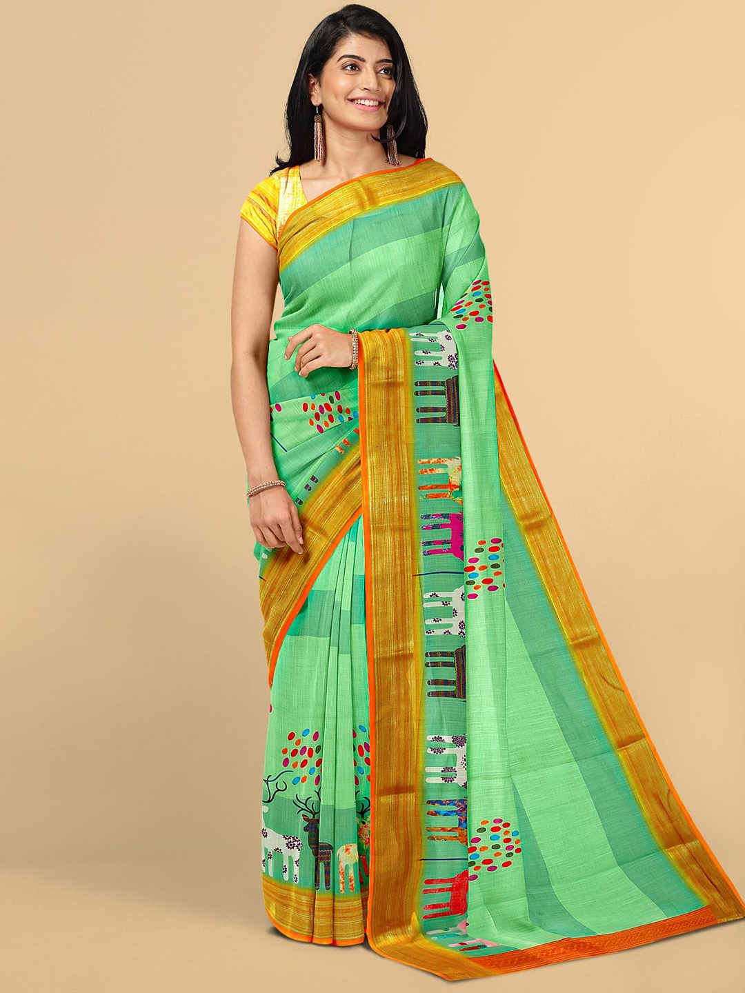 

Kalamandir Sea Green & Gold-Toned Printed Linen Blend Saree
