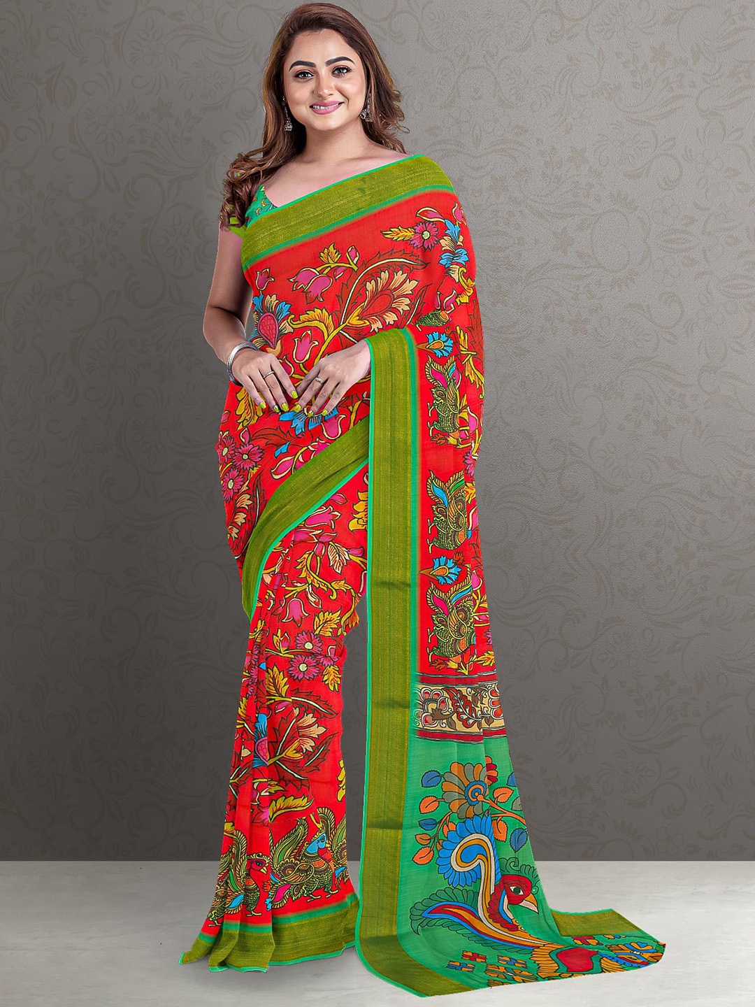 

Kalamandir Women Red & Green Kalamkari Zari Linen Blend Saree