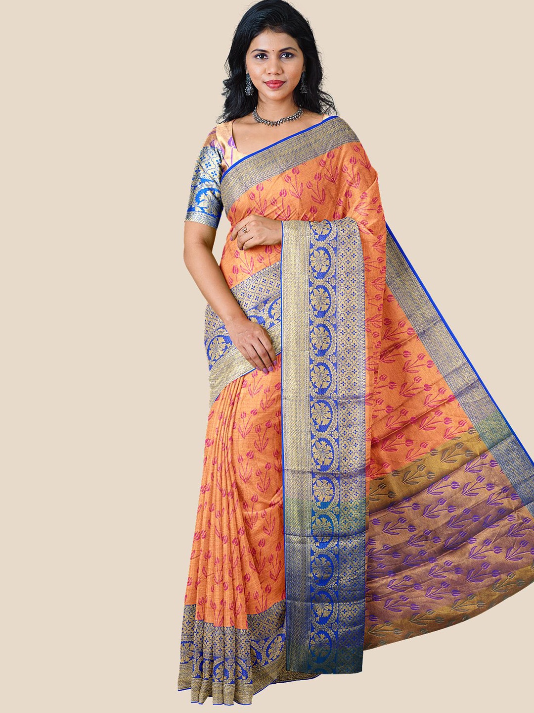 

Kalamandir Pink & Blue Floral Zari Silk Blend Saree