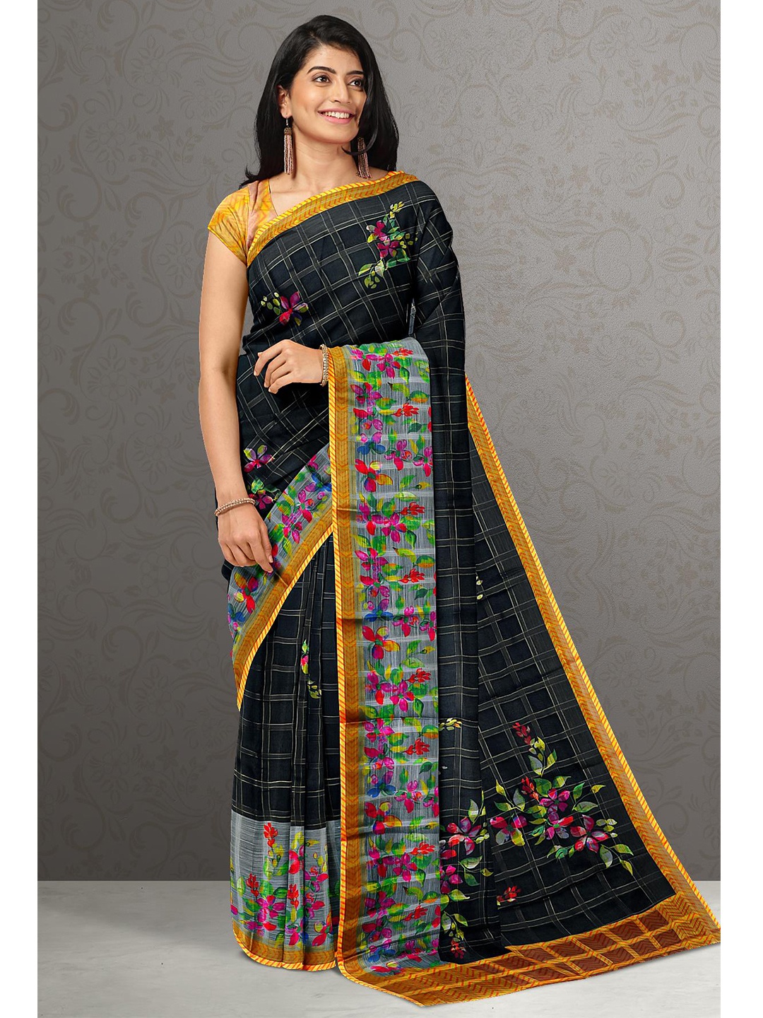 

Kalamandir Black & Mustard Yellow Checked Silk Blend Saree