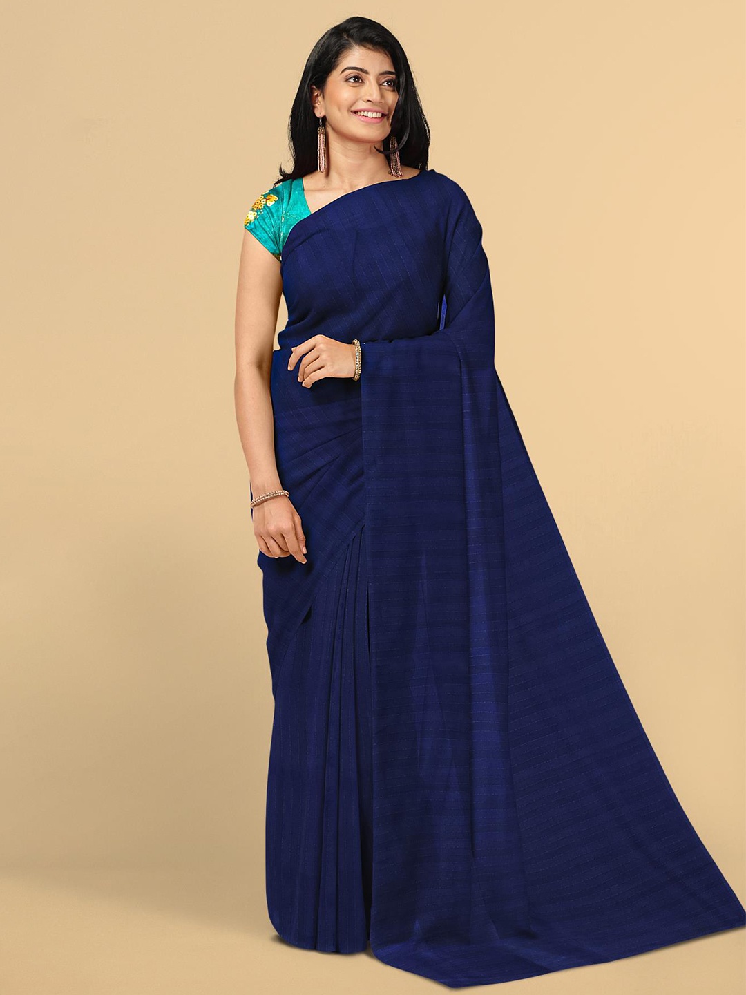 

Kalamandir Women Navy Blue Striped Silk Blend Saree