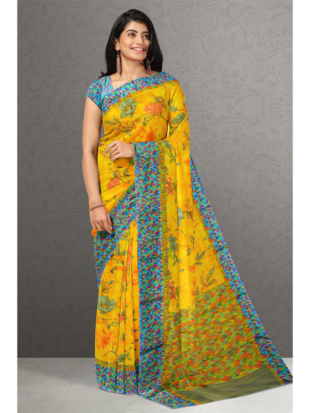 

Kalamandir Yellow & Blue Floral Silk Blend Saree