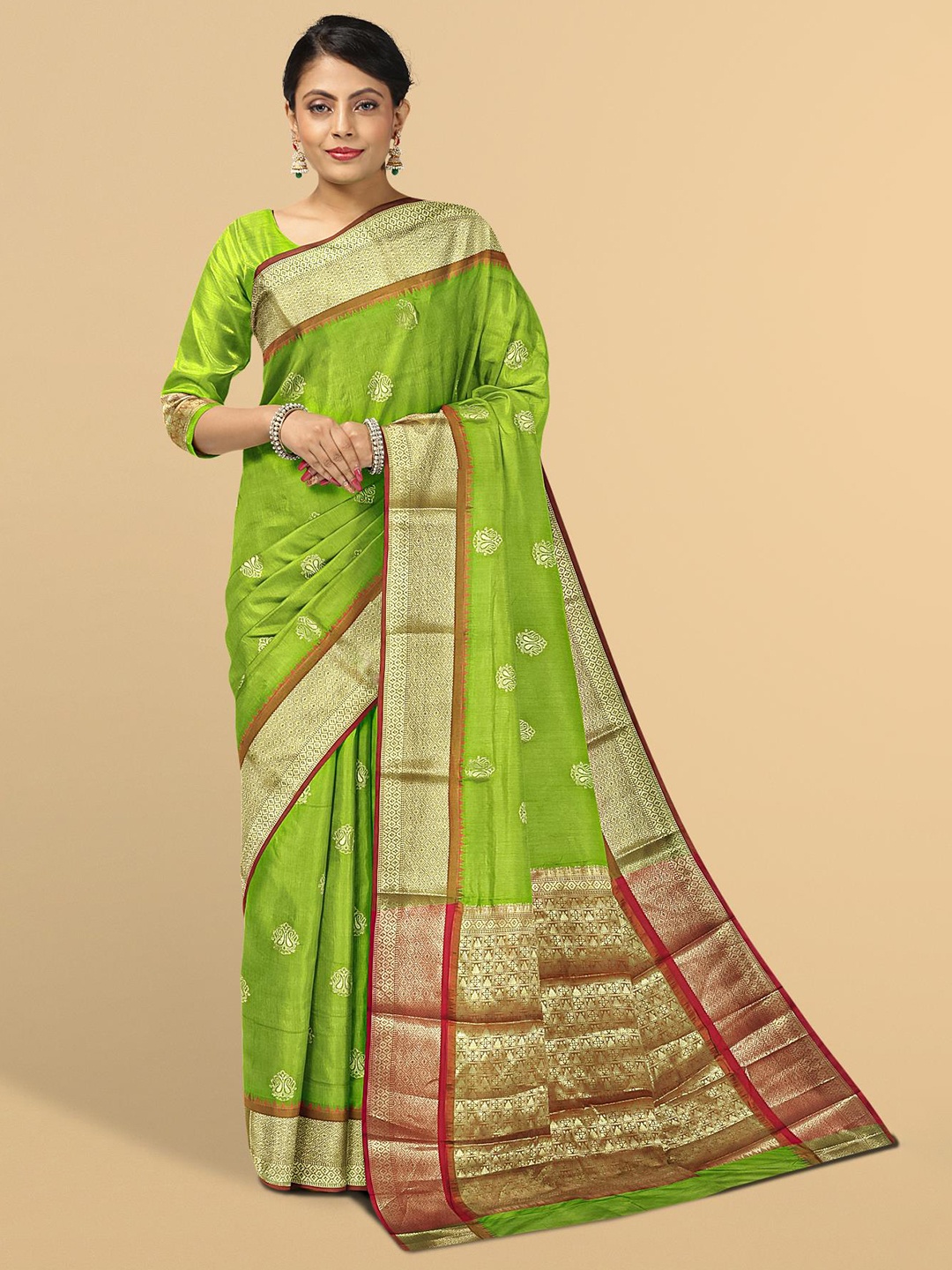 

Kalamandir Green & Red Ethnic Motifs Zari Saree
