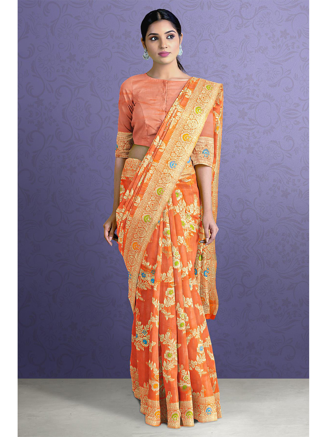 

Kalamandir Orange & Gold-Toned Floral Zari Saree