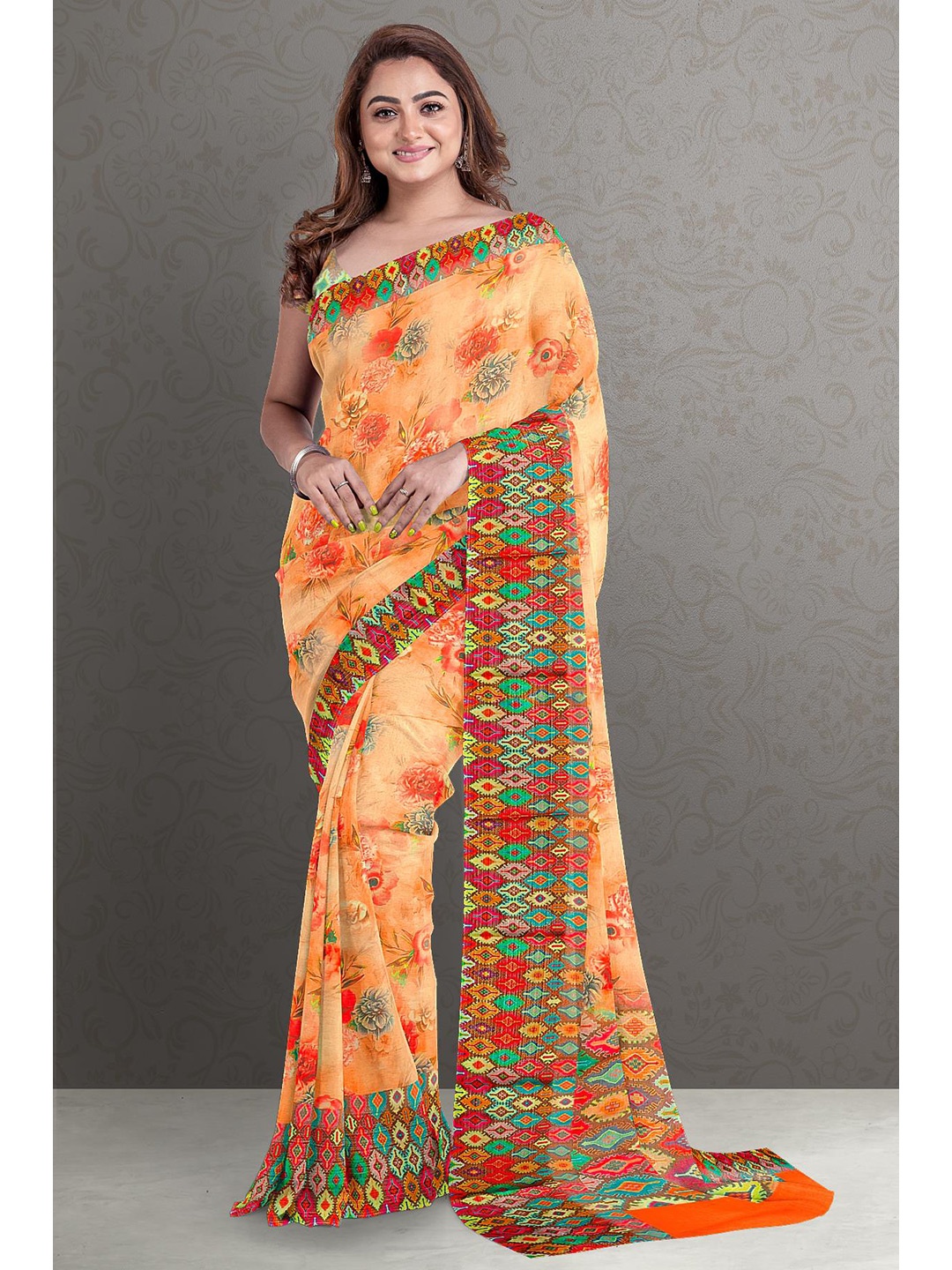 

Kalamandir Peach-Coloured & Red Floral Silk Blend Saree
