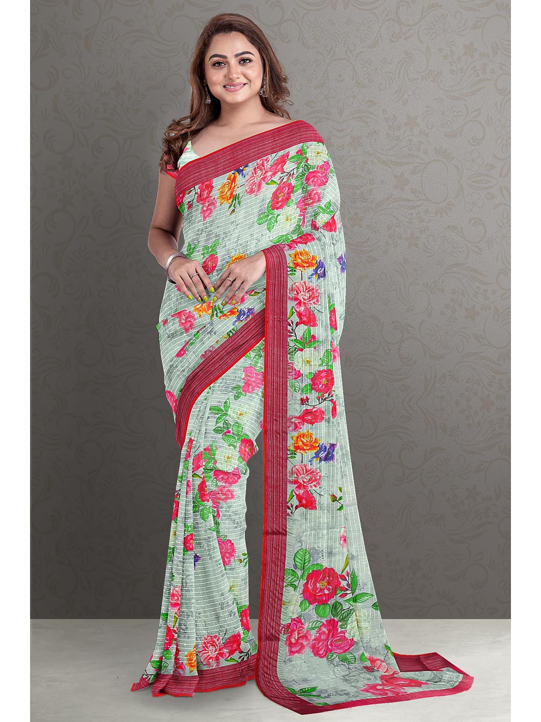 

Kalamandir Green & Pink Floral Jute Silk Saree