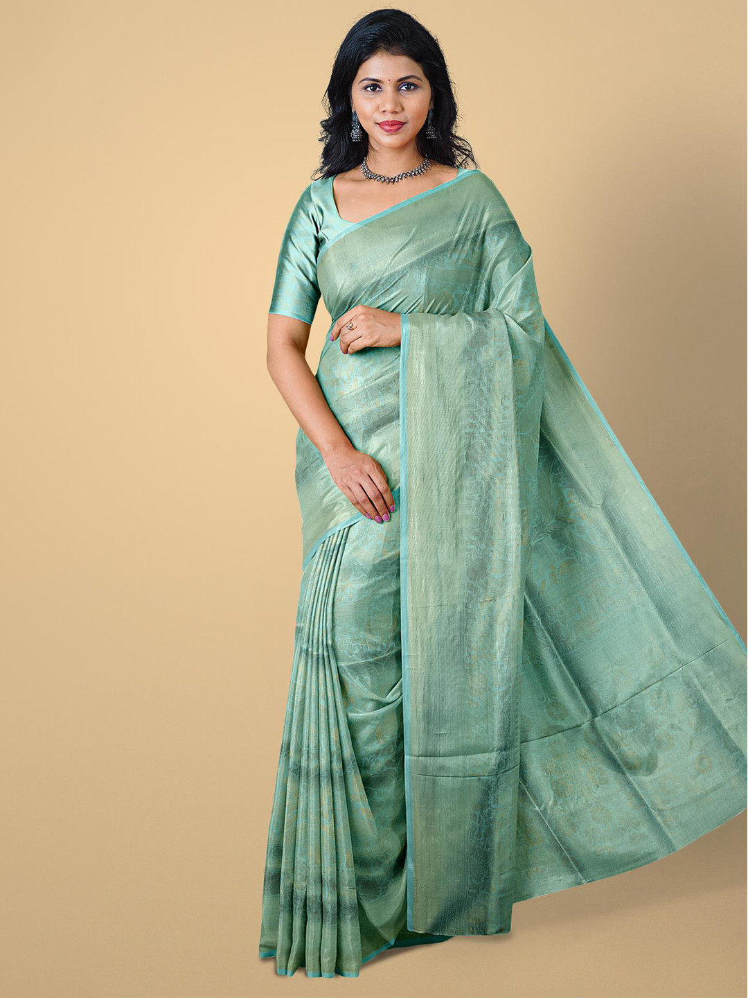 

Kalamandir Sea Green & Gold-Toned Ethnic Motifs Zari Saree