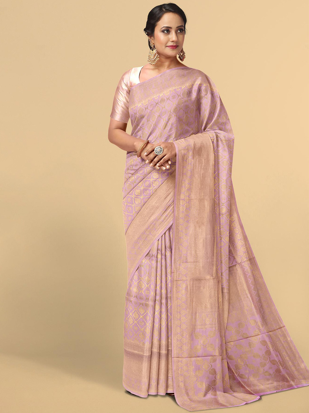 

Kalamandir Pink & Gold-Toned Floral Zari Silk Blend Saree