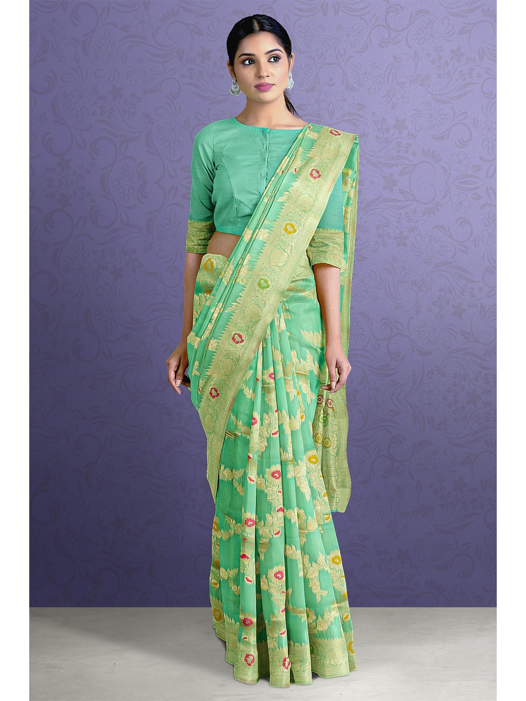 

Kalamandir Sea Green & Red Floral Zari Silk Blend Saree