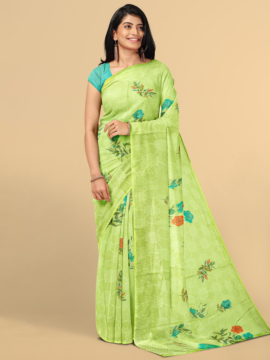 

Kalamandir Green & Blue Floral Silk Blend Saree