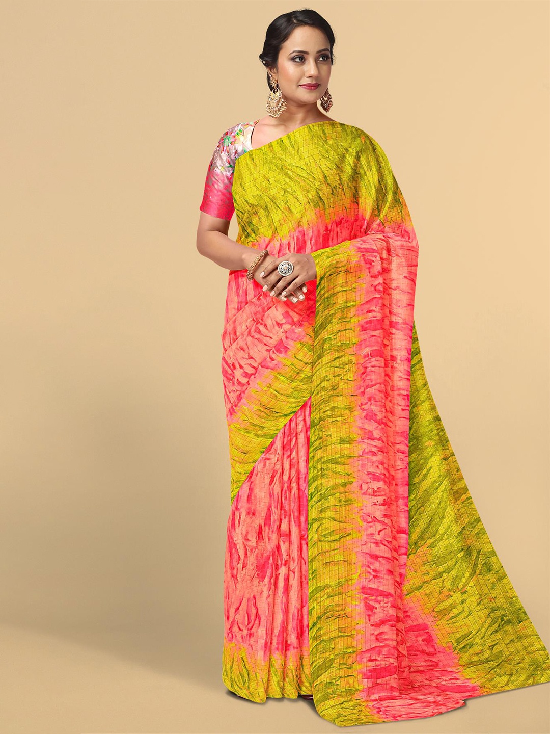 

Kalamandir Pink & Yellow Jute Cotton Saree