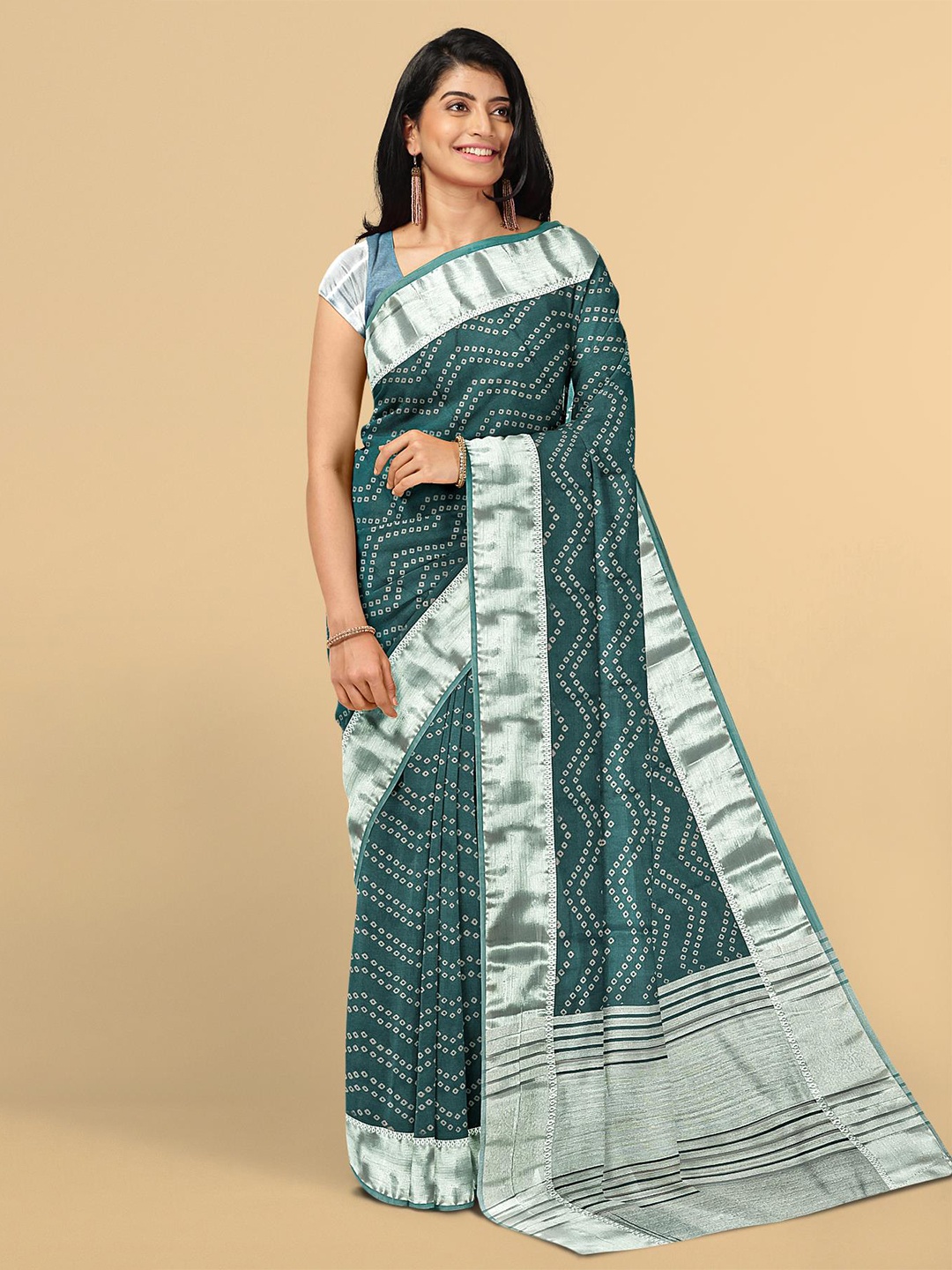 

Kalamandir Green & Silver-Toned Bandhani Zari Silk Blend Saree