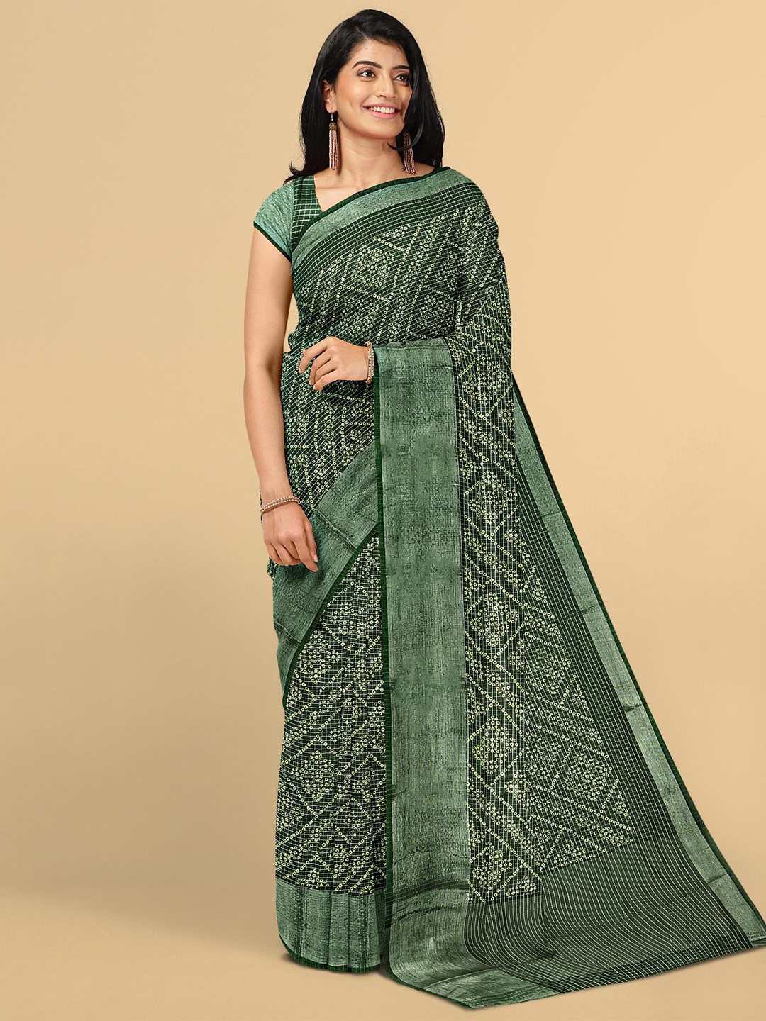 

Kalamandir Green & White Bandhani Zari Silk Blend Saree