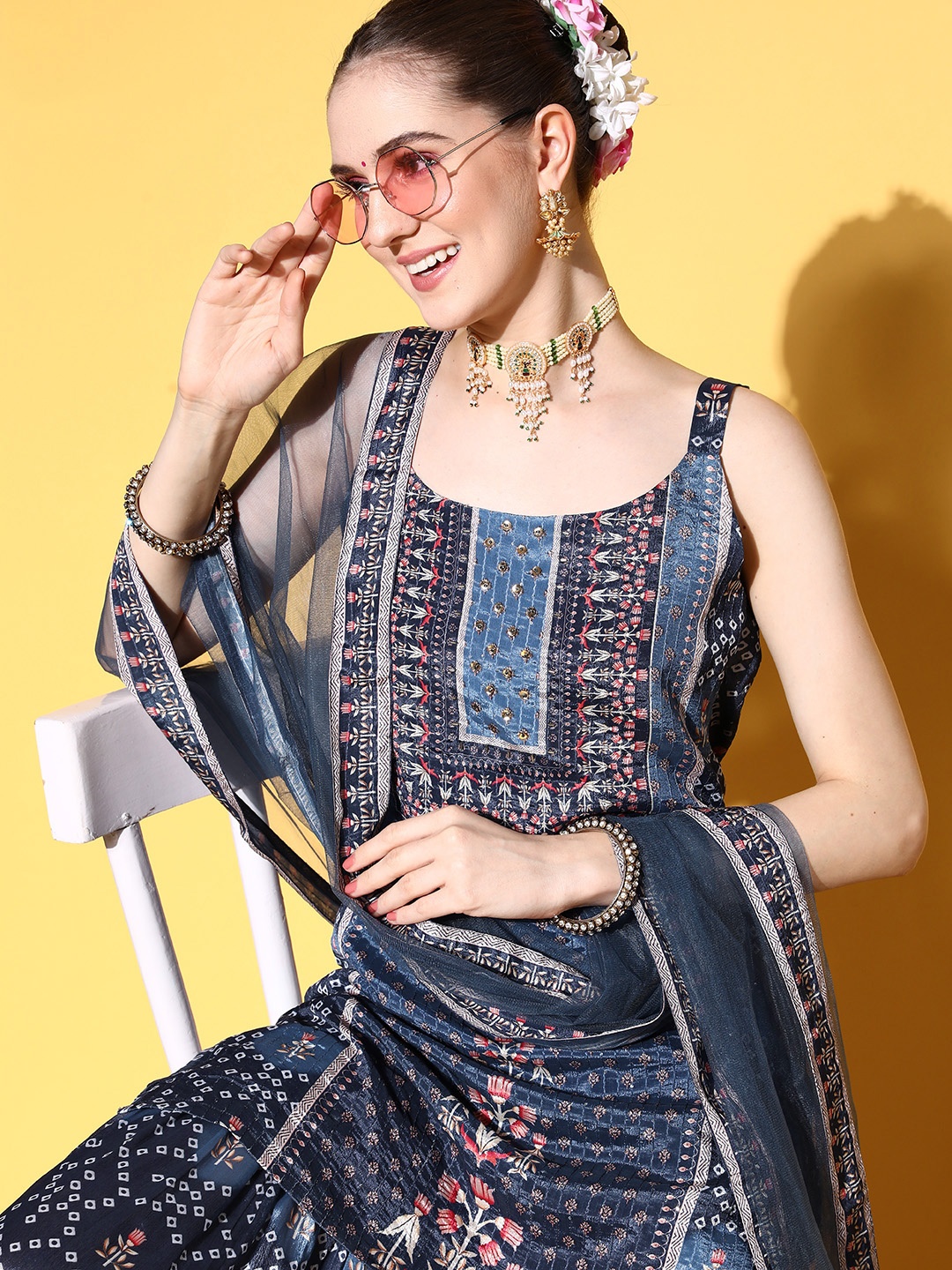 

Varanga Women Blue Floral Printed Kurta with Sharara & With Dupatta
