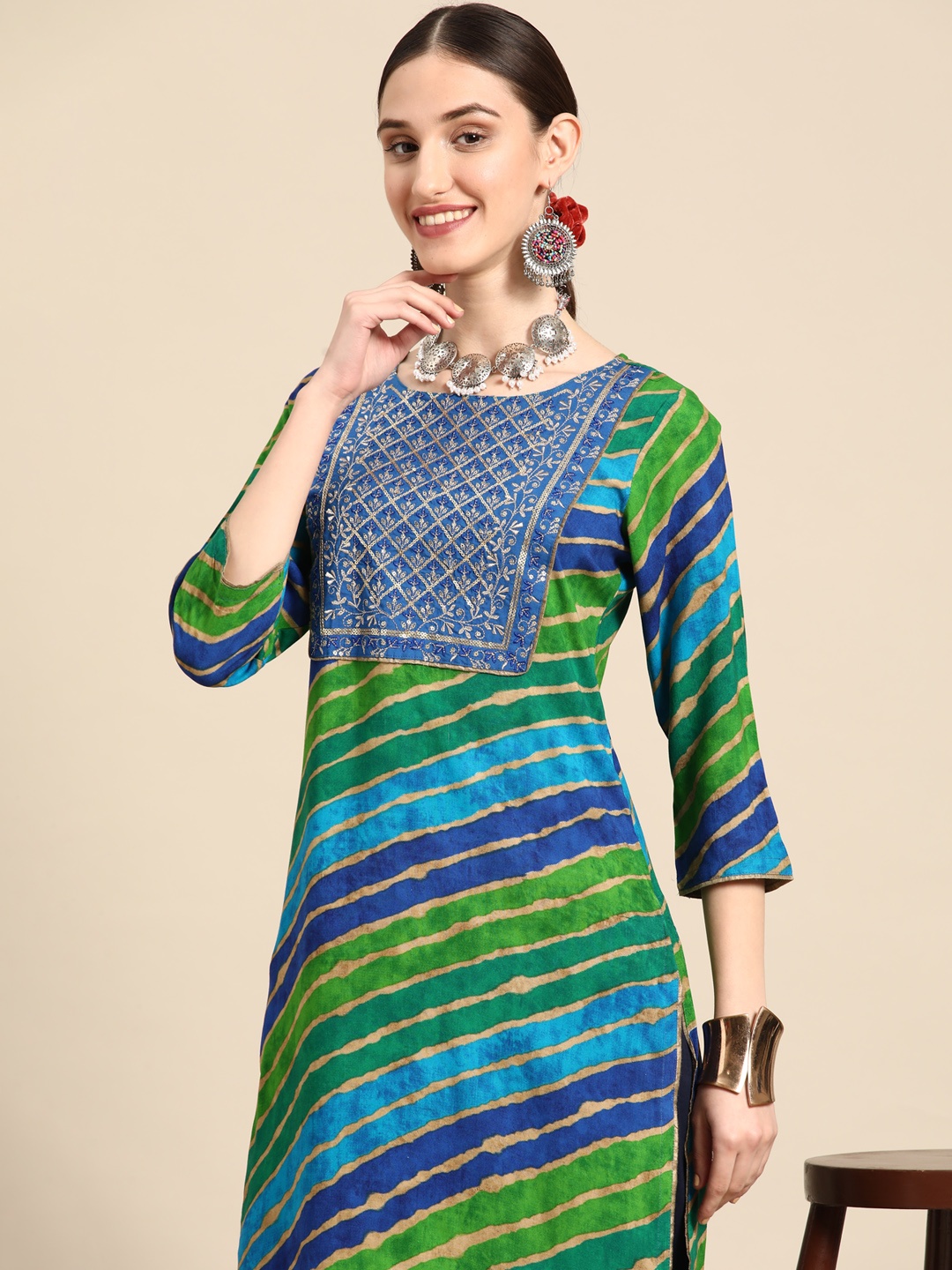 

Sangria WomenBlue & Green Leheriya Straight Kurta with Thread Work Detail, Multi