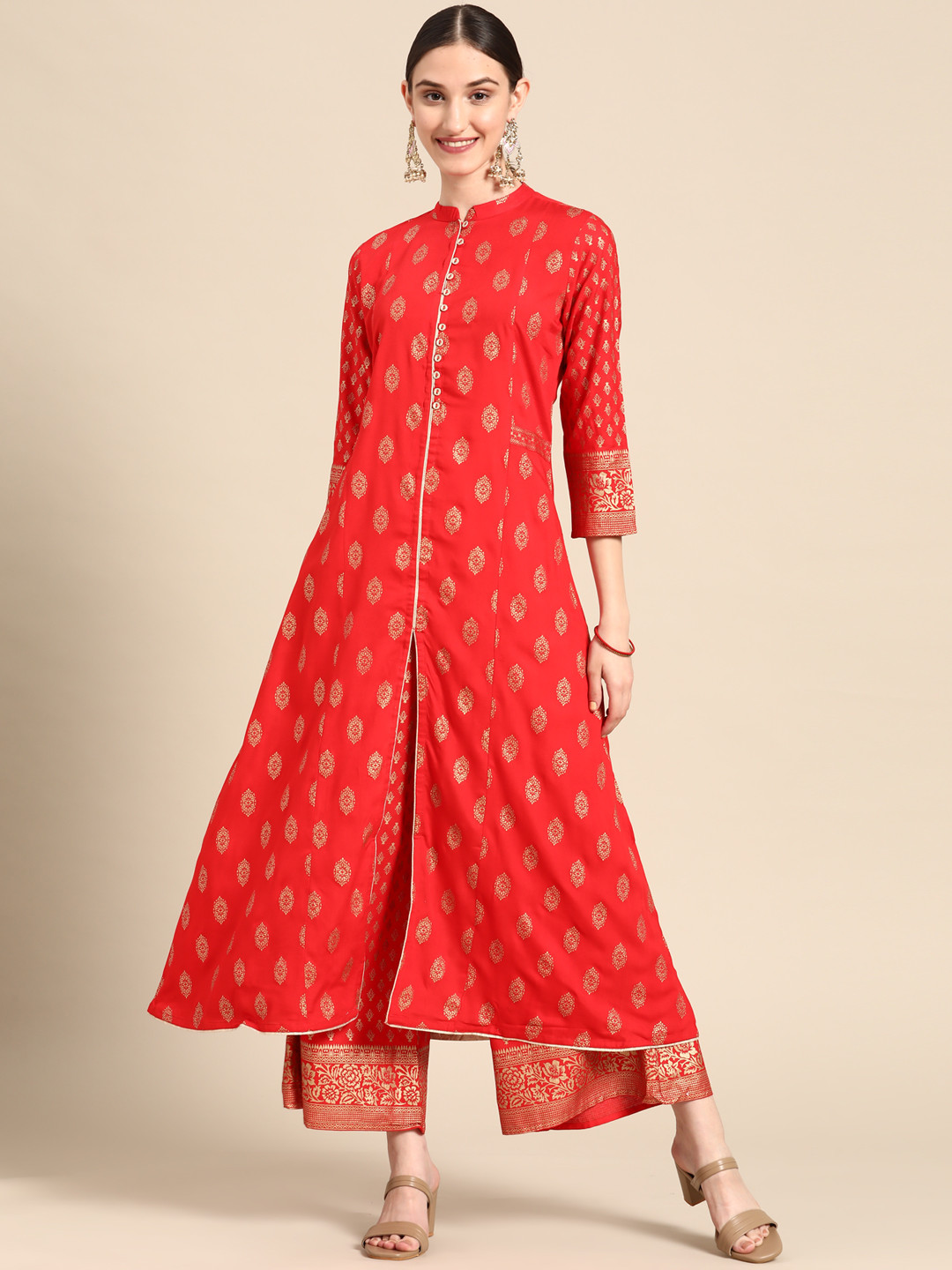 

Sangria Women Red Ethnic Motifs Printed Kurta with Palazzos
