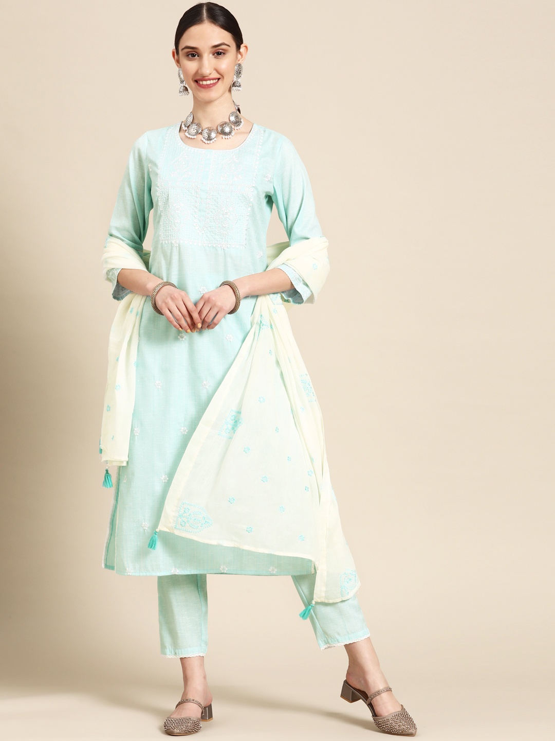 

Sangria Women Turquoise Blue Floral Yoke Design Pure Cotton Kurta with Trousers & With Dupatta