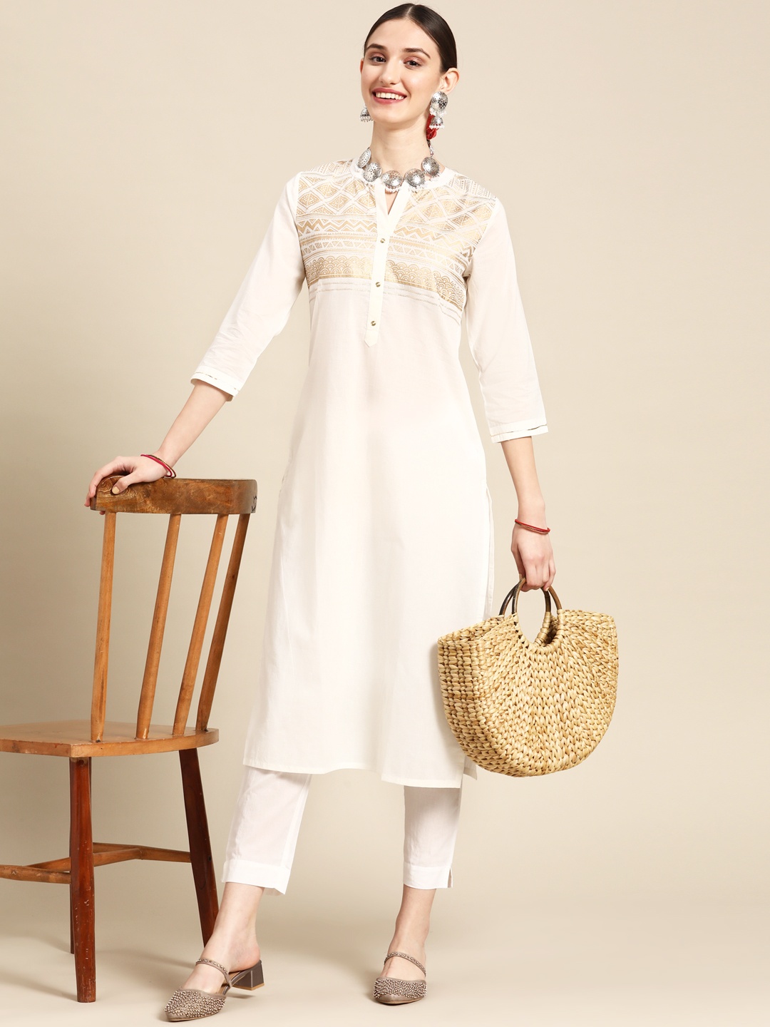 

Sangria Women Off White Yoke Design Pure Cotton Kurta with Trousers