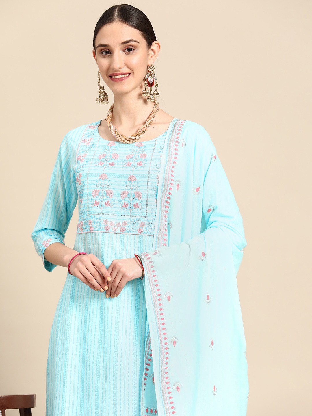 

Sangria Women Turquoise Blue Floral Yoke Design Pure Cotton Kurta with Trousers & With Dupatta