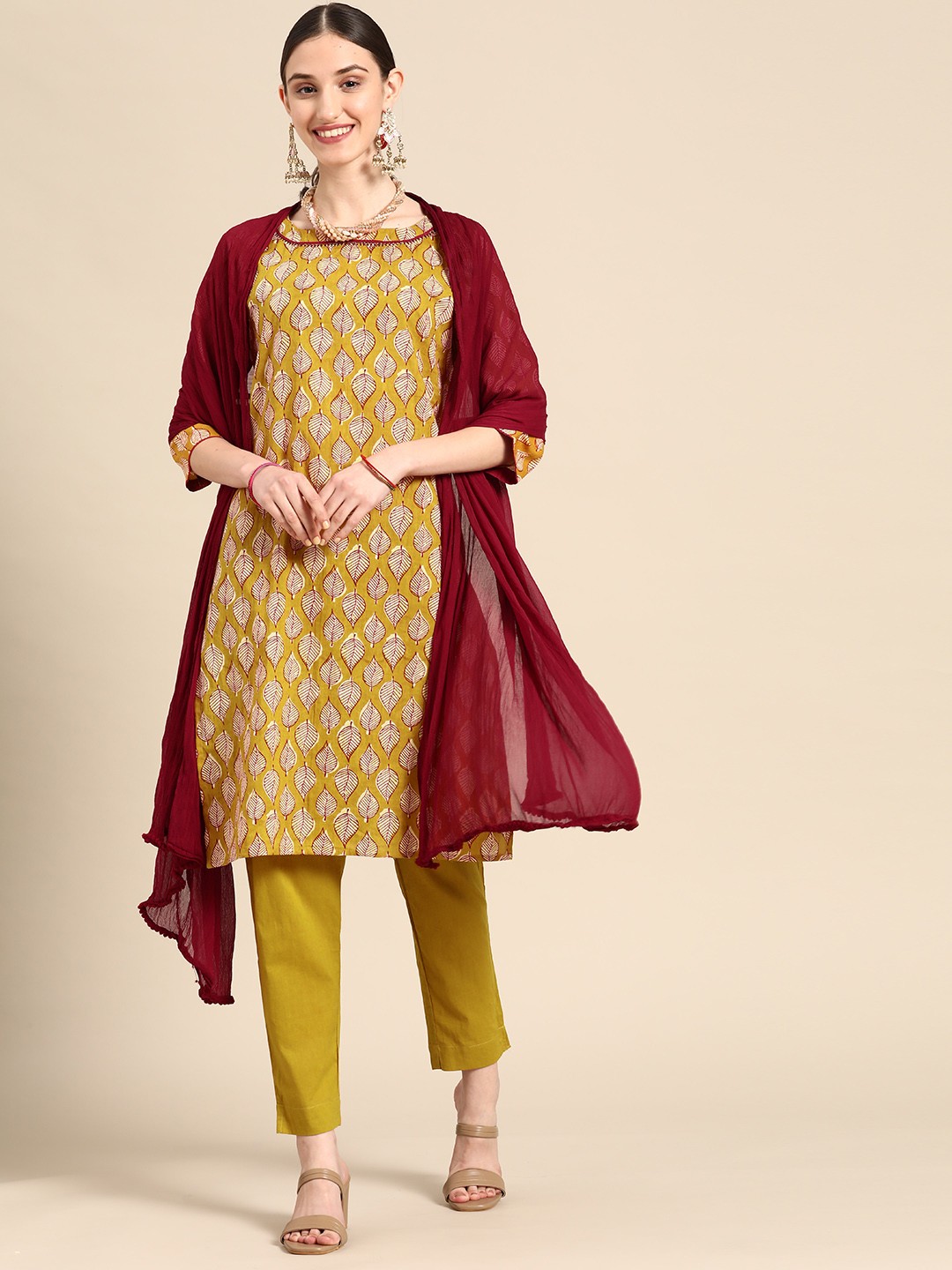 

Sangria Women Mustard Yellow Ethnic Motifs Printed Pure Cotton Kurta with Trousers & With Dupatta