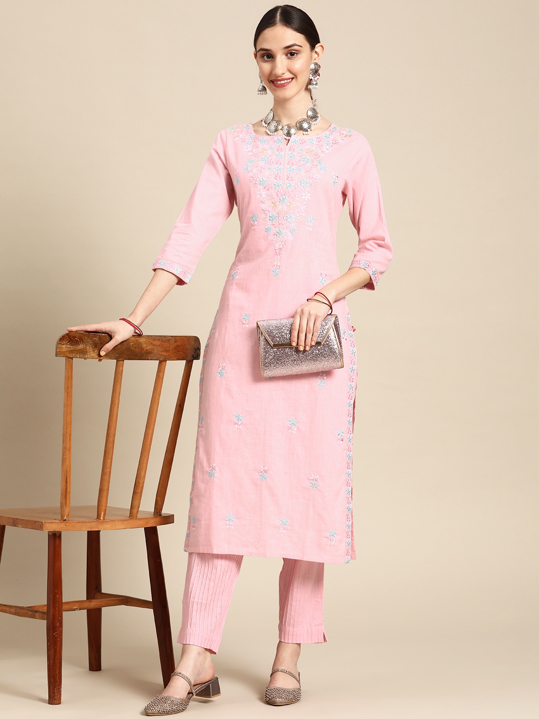 

Sangria Women Pink Floral Yoke Design Pure Cotton Kurta with Trousers