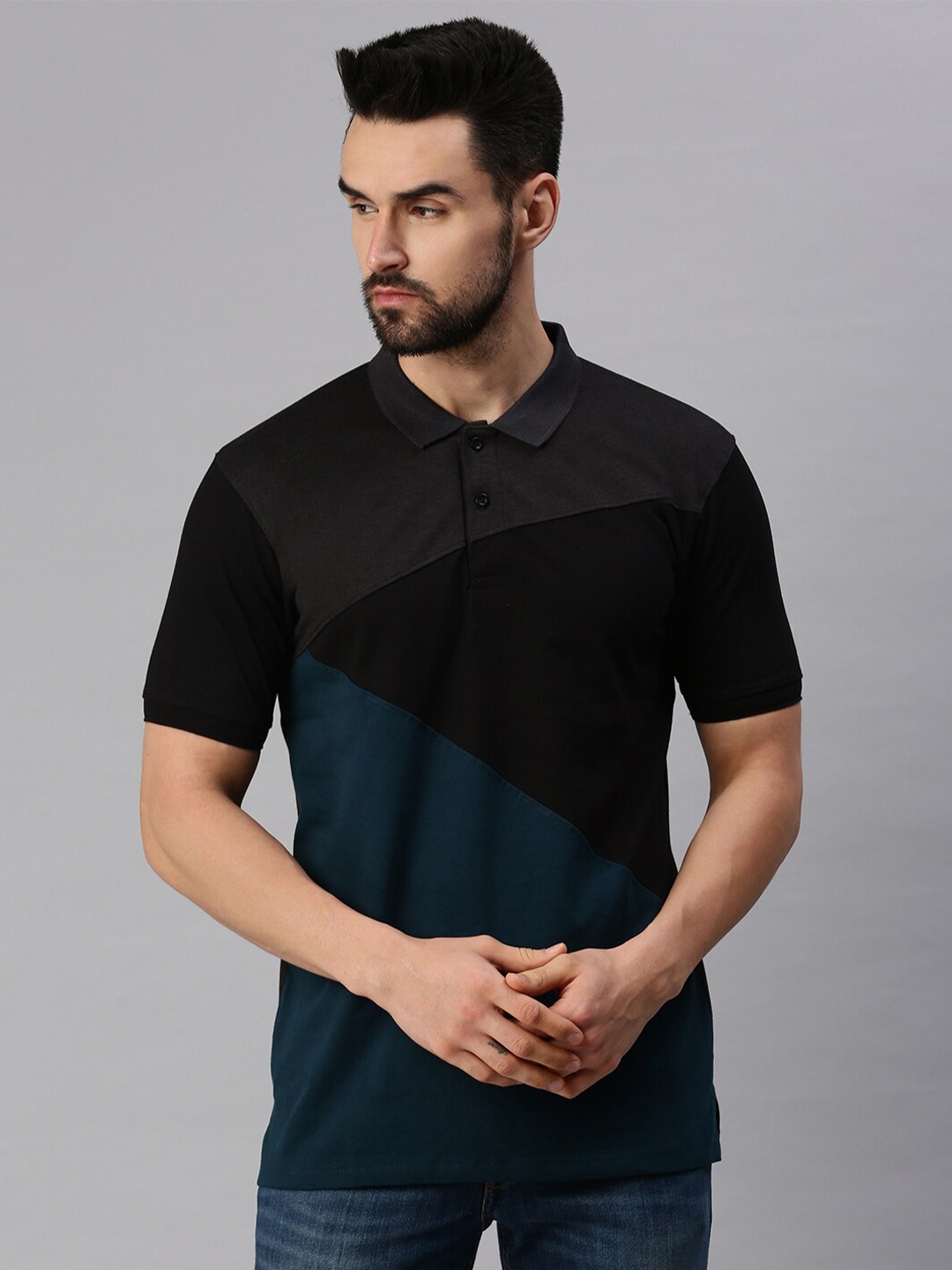 

PEPPYZONE Men Grey & Black Colourblocked Polo Collar Cotton T-shirt