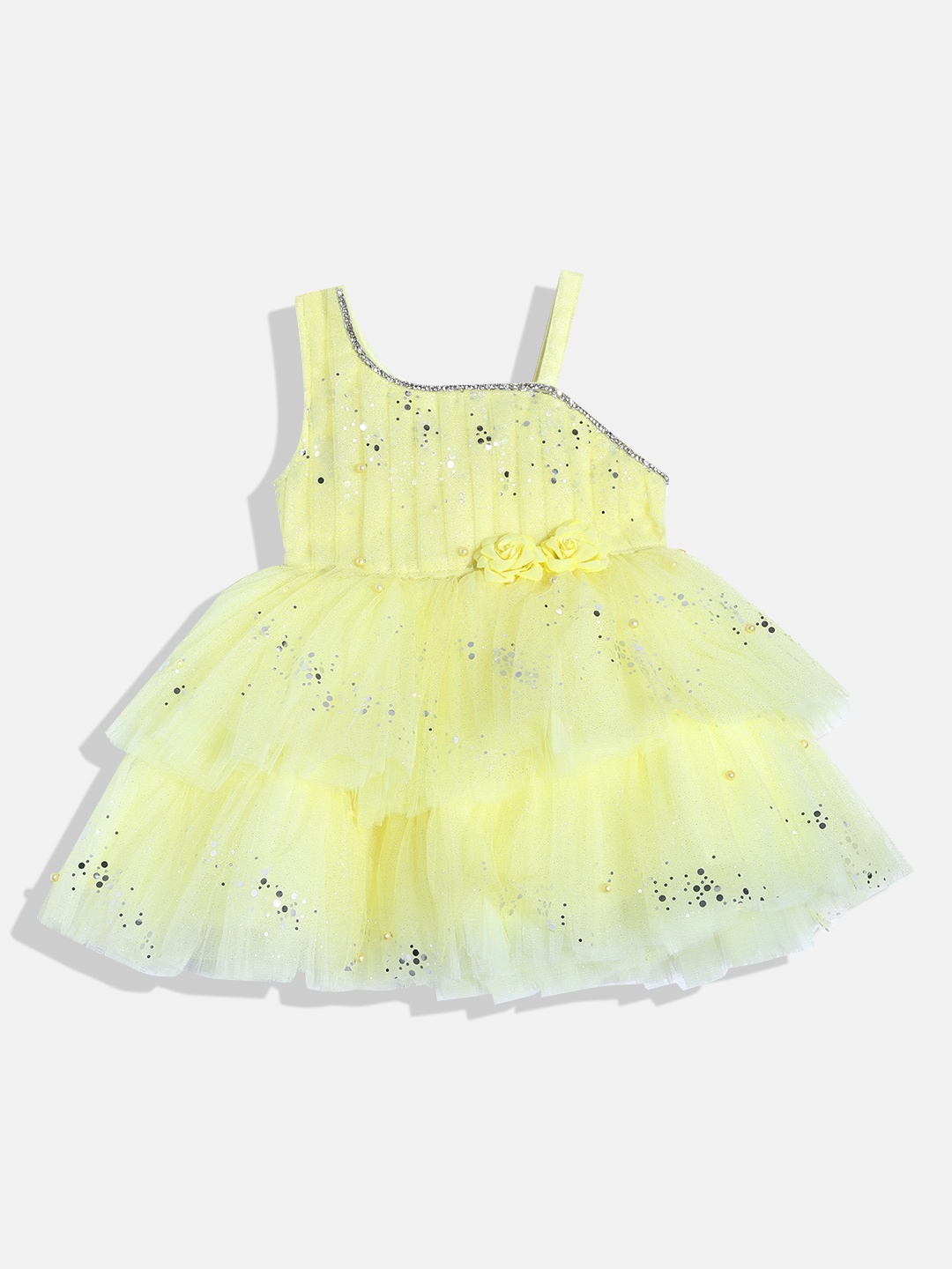 

YK Girls Yellow Embellished Applique Satin Dress