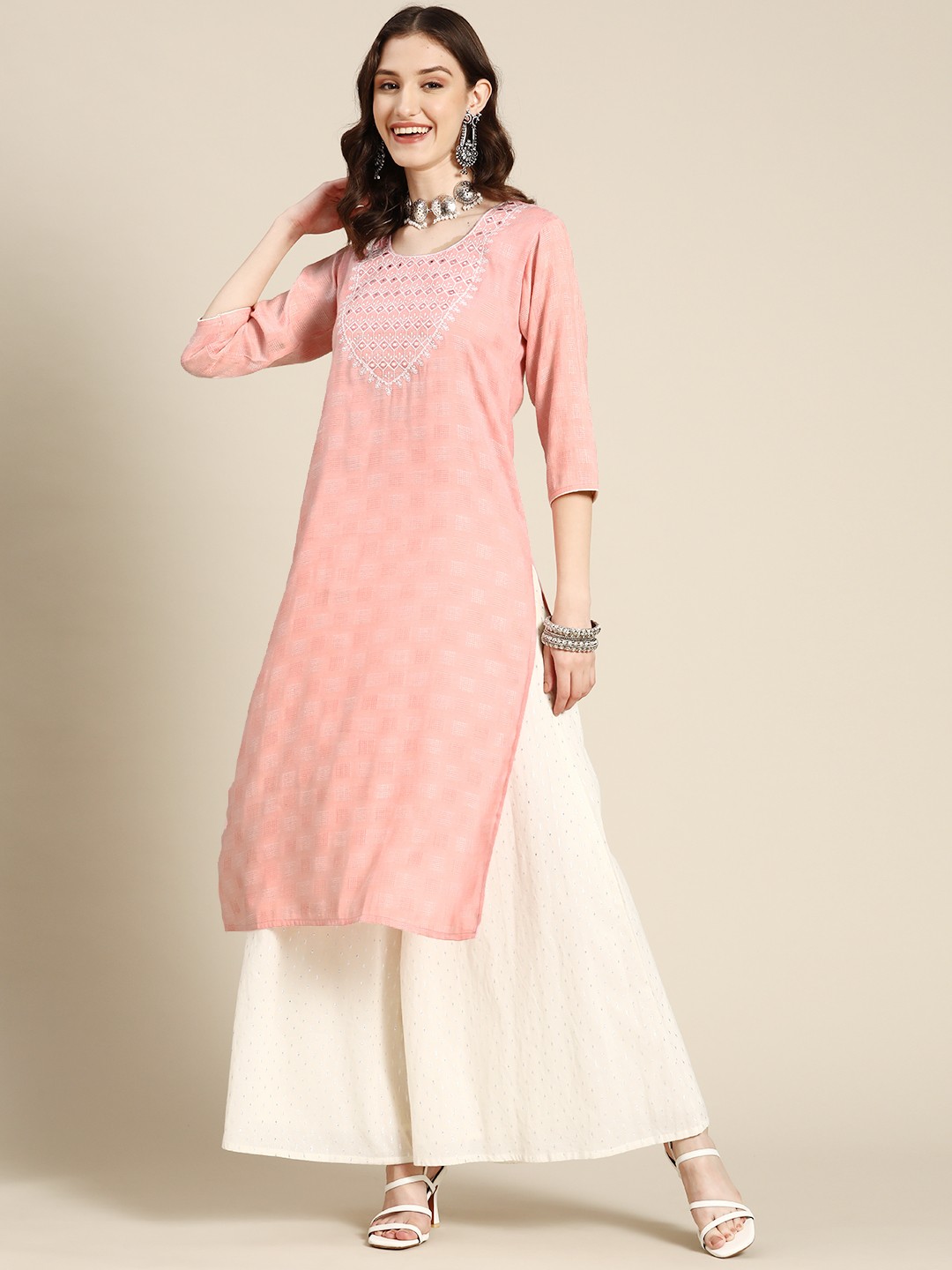 

Sangria Women Pink Yoke Design Thread Work Dobby Kurta