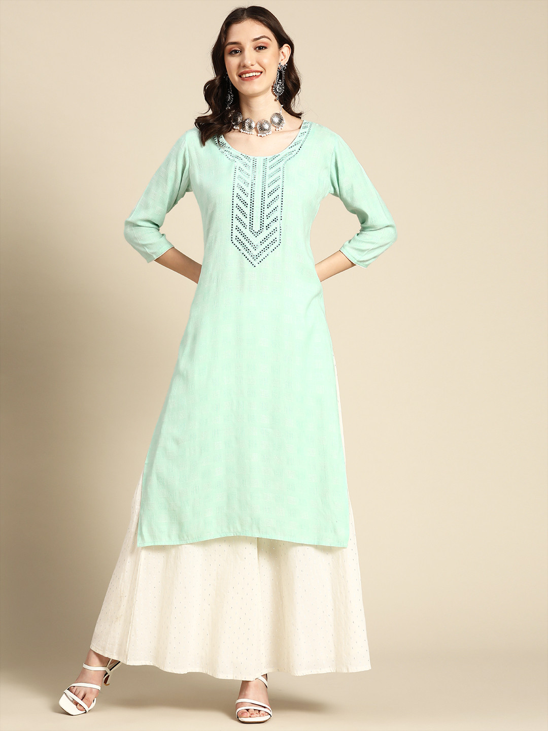 

Sangria Women Sea Green Yoke Design Mirror Work Dobby Kurta