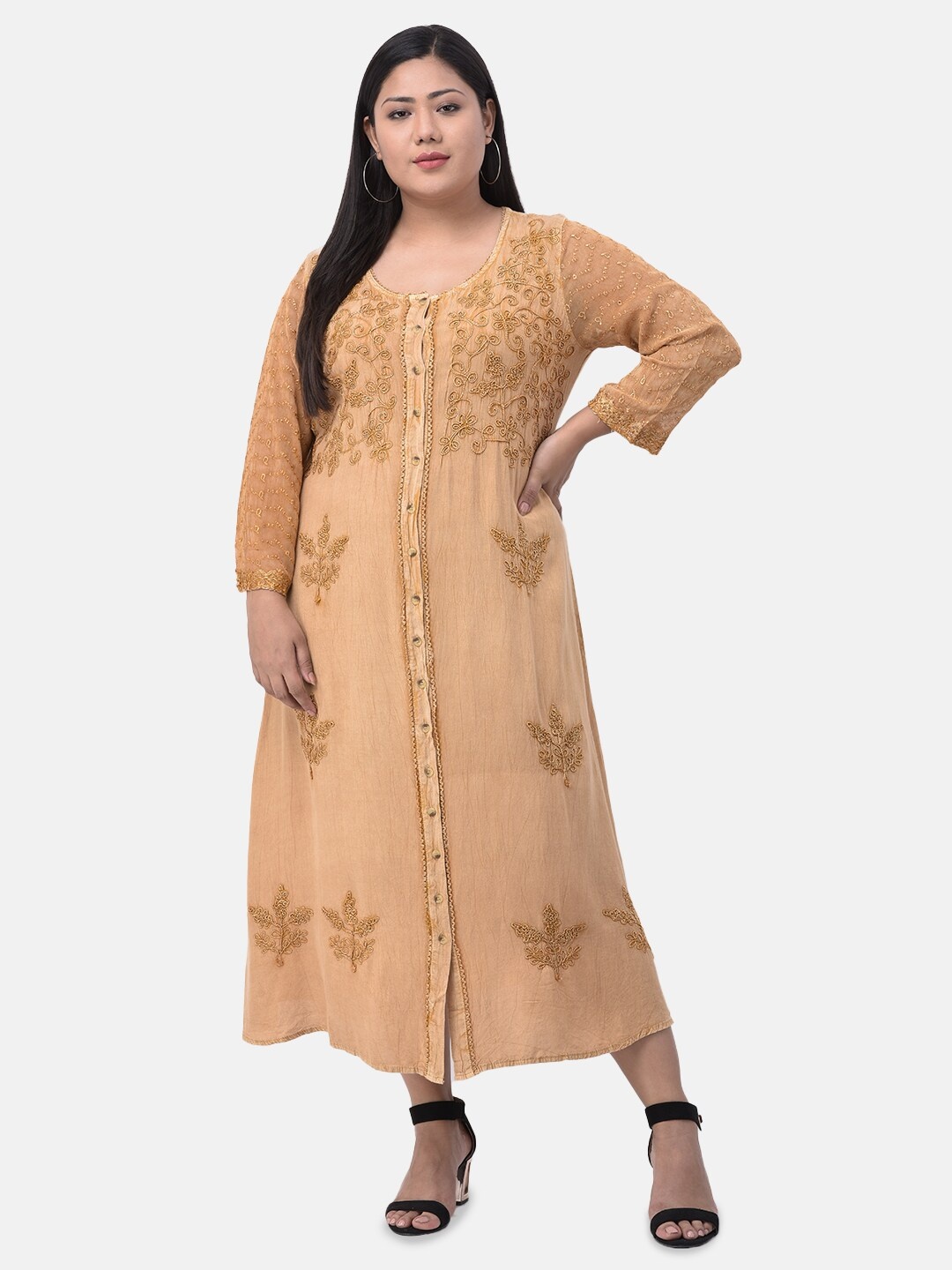 

VELDRESS Women Camel Brown Embroidered A-Line Maxi Dress