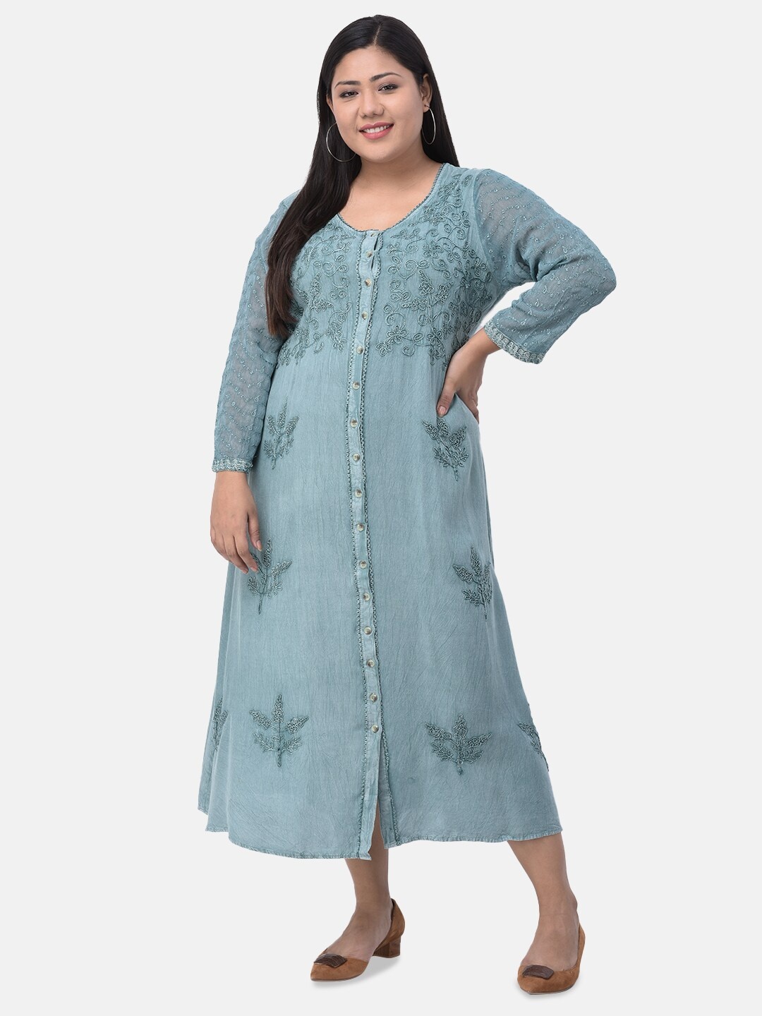 

VELDRESS Women Plus Size Blue Embroidered A-Line Ethnic Dresses