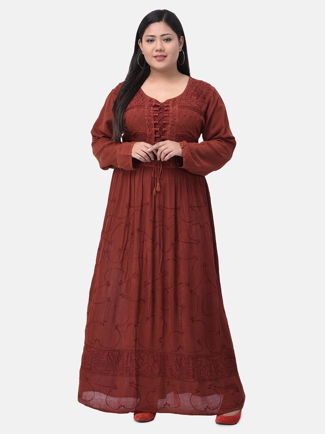 

VELDRESS Plus Size Maroon Embroidered Maxi Dress