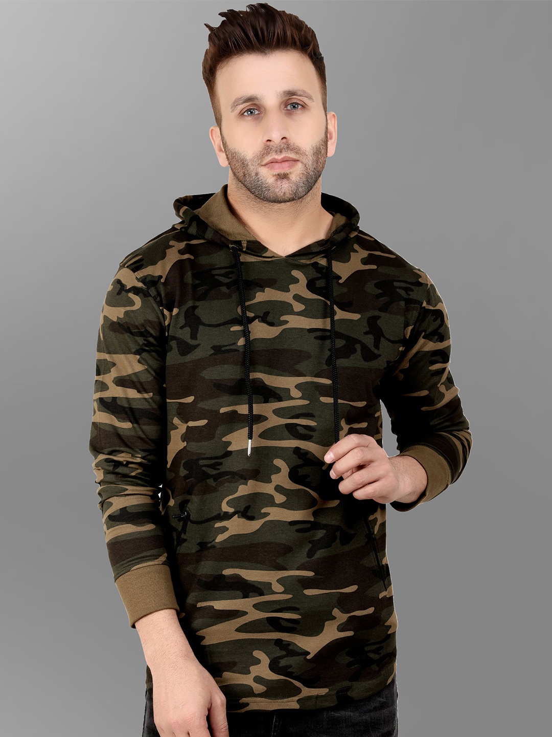 

PEPPYZONE Men Khaki Printed Hooded Cotton Sweatshirt