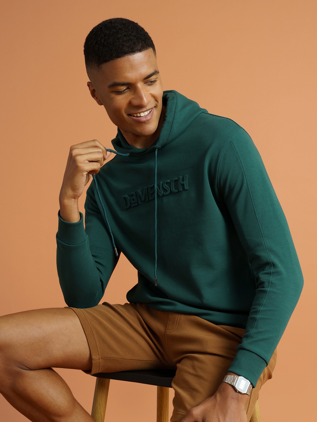 

DAMENSCH Embossed Brand Logo Cotton Regular Fit Hooded Sweatshirt, Green