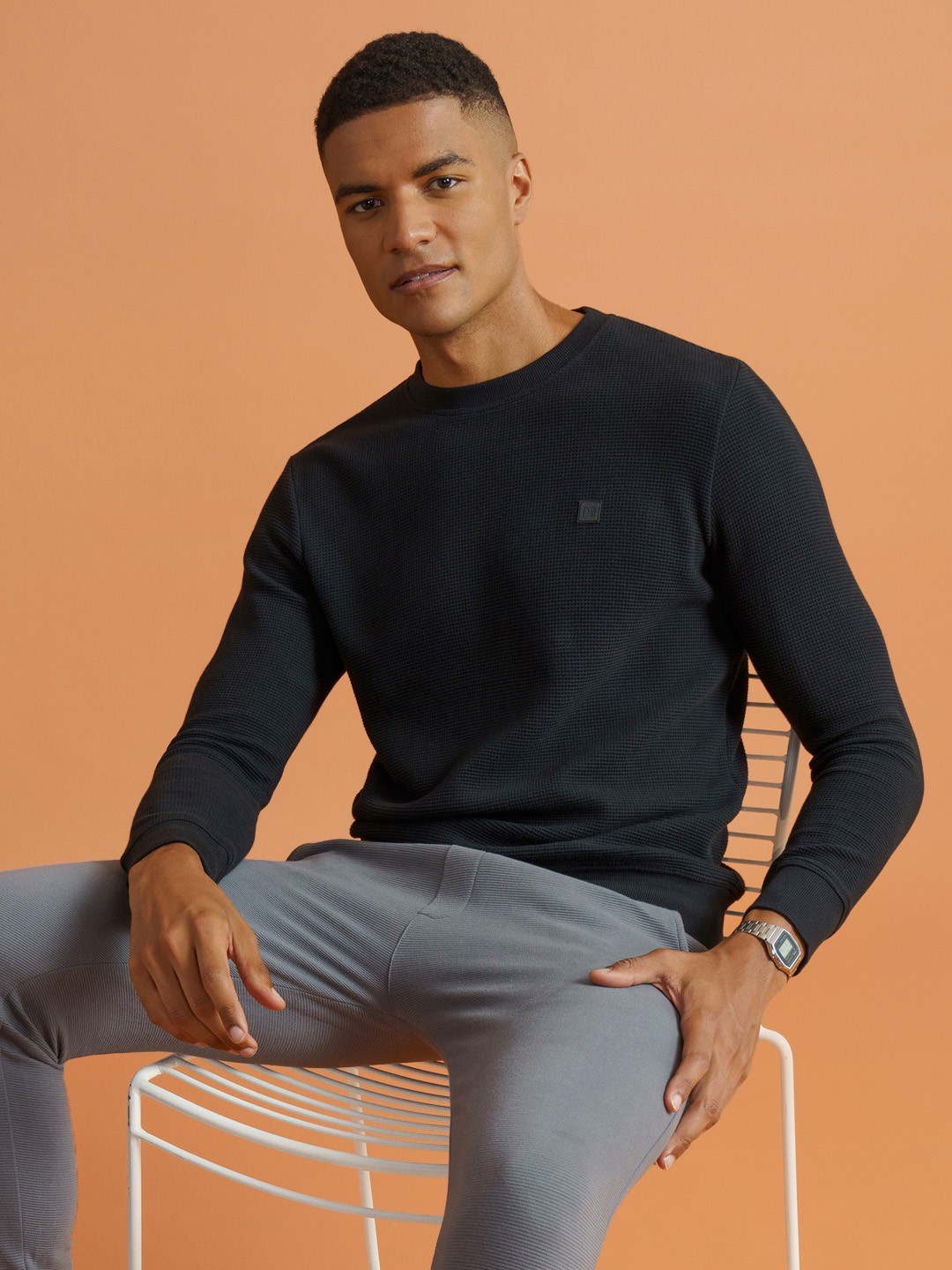 

DAMENSCH Premium Cotton Regular Fit Waffle Textured Sweatshirt, Black