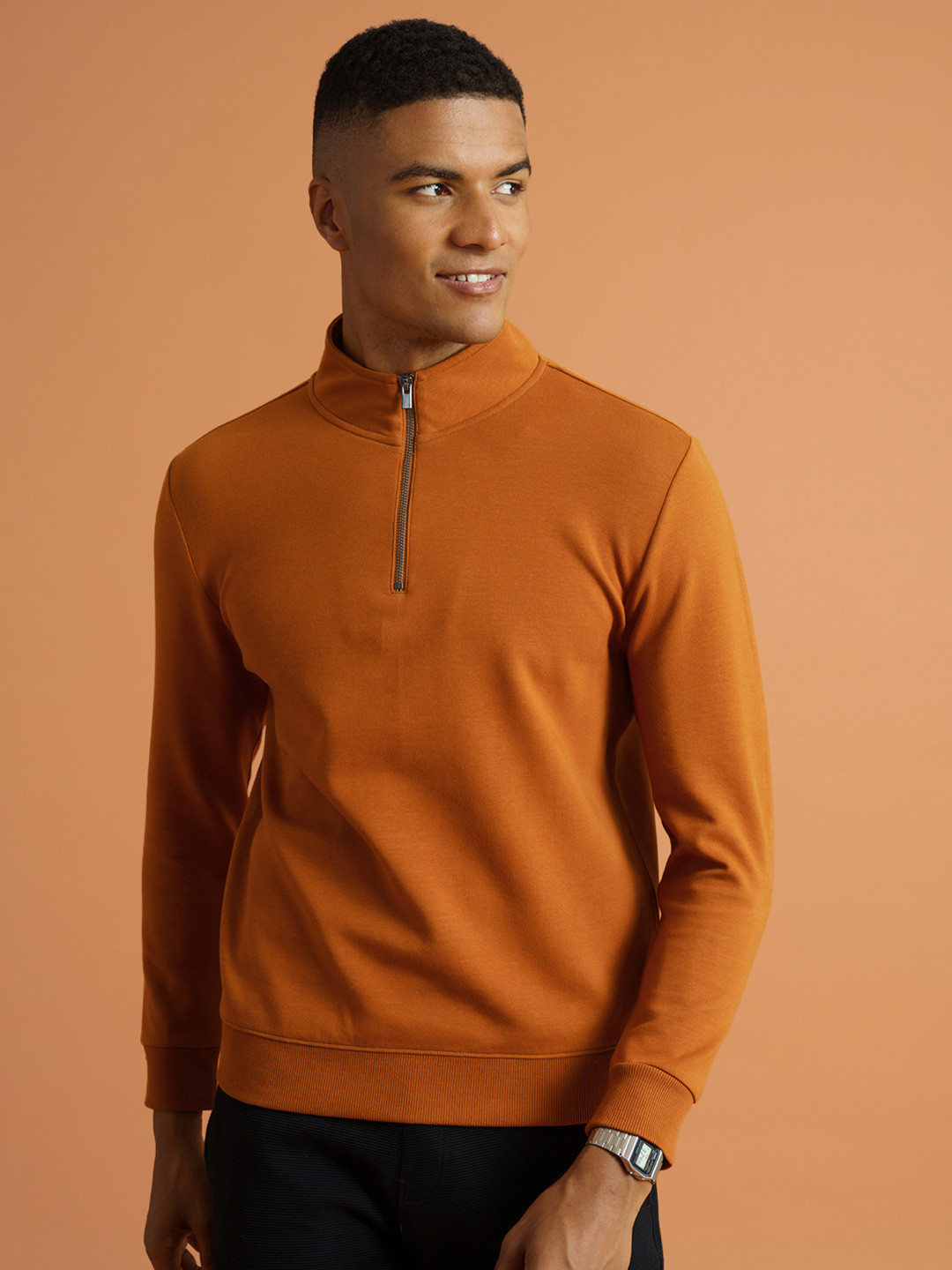 

DAMENSCH Men Solid Premium Cotton Regular Fit High Neck Half Zip Sweatshirt, Camel brown