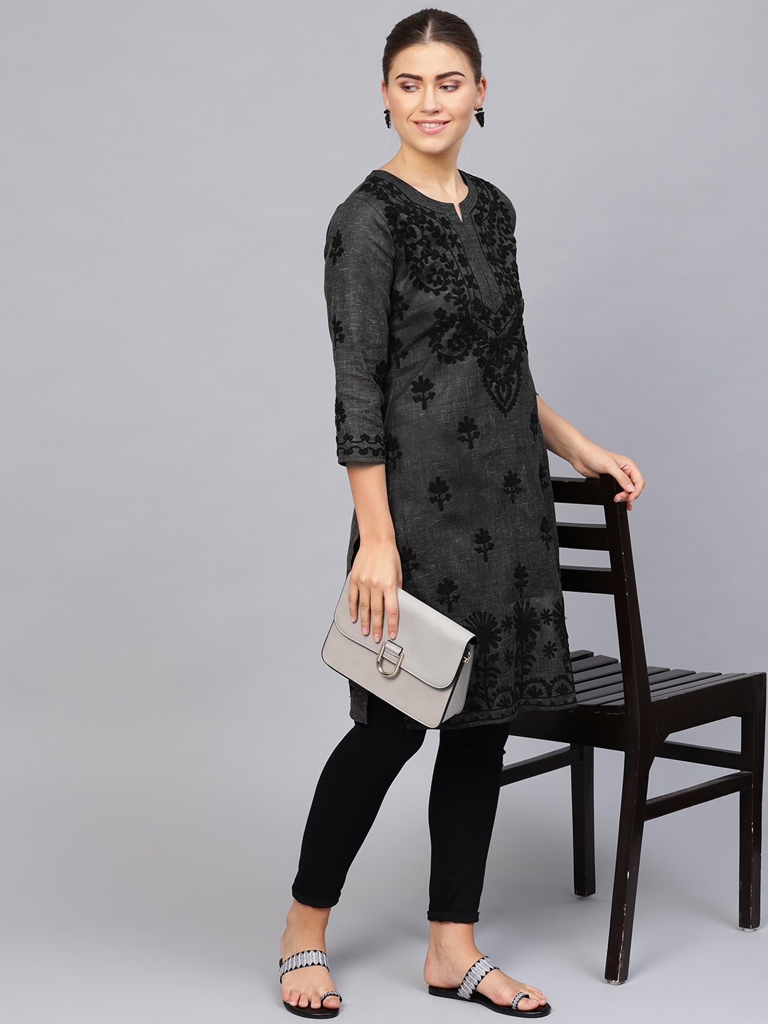 

Saadgi Women Black Chikankari Handwork Straight Kurta