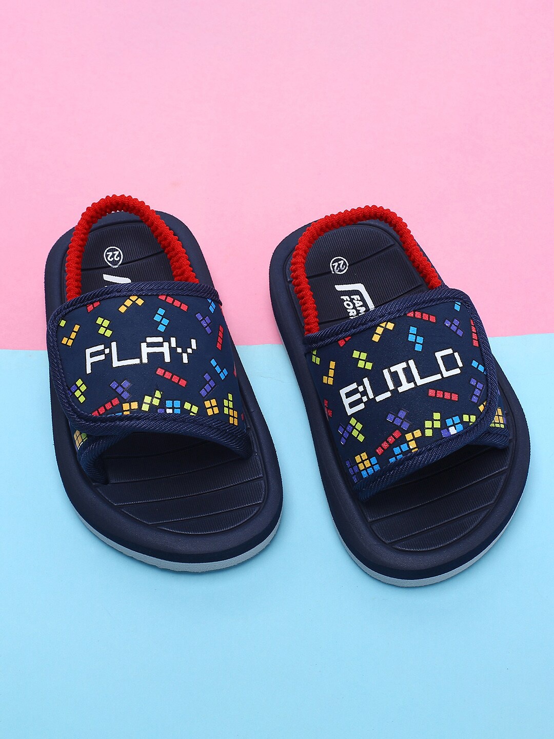 

Fame Forever by Lifestyle Boys Navy Blue & Red Printed Synthetic Sliders Flip Flops