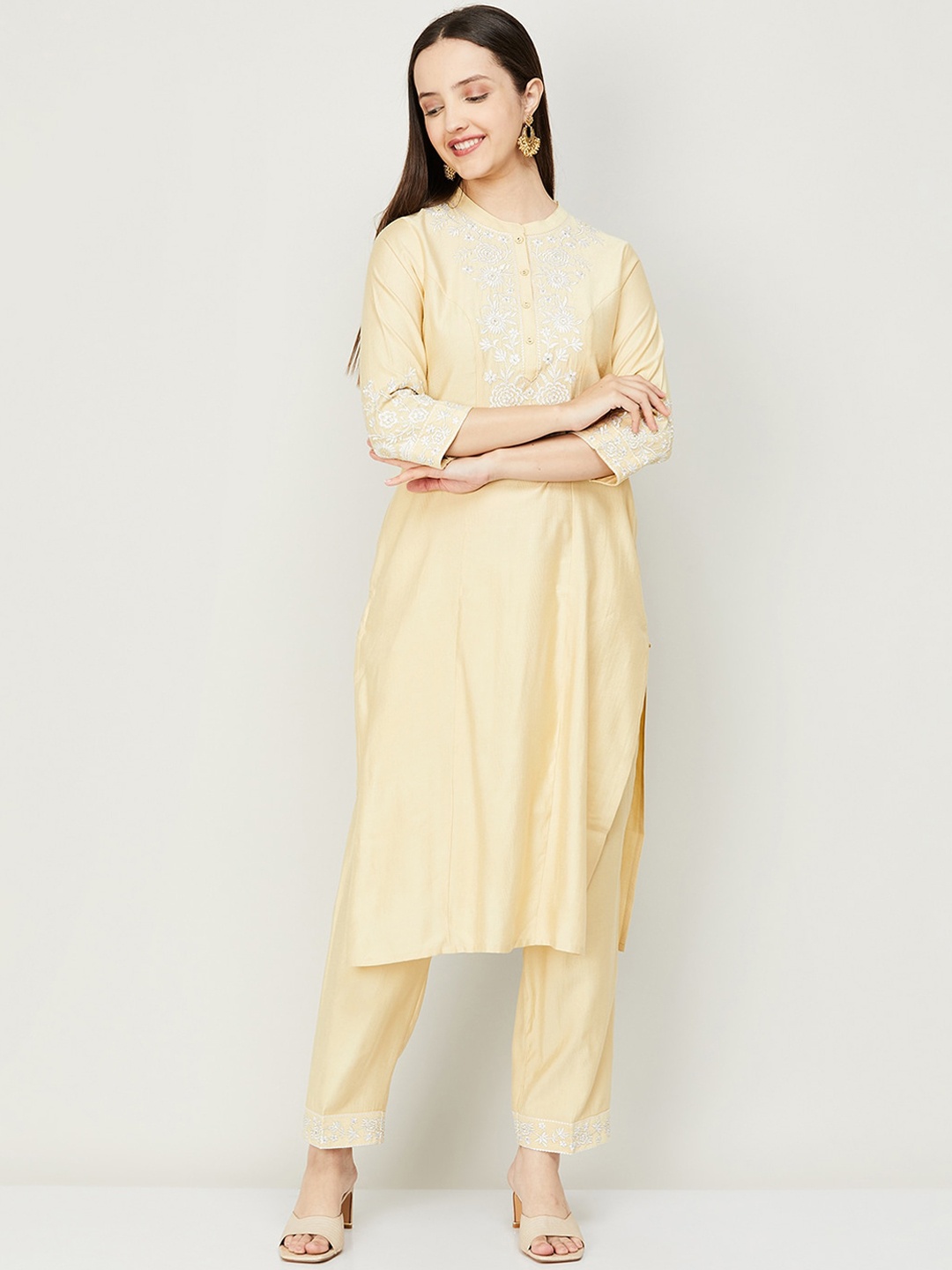 

Melange by Lifestyle Women Beige Floral Yoke Design Kurta with Trousers