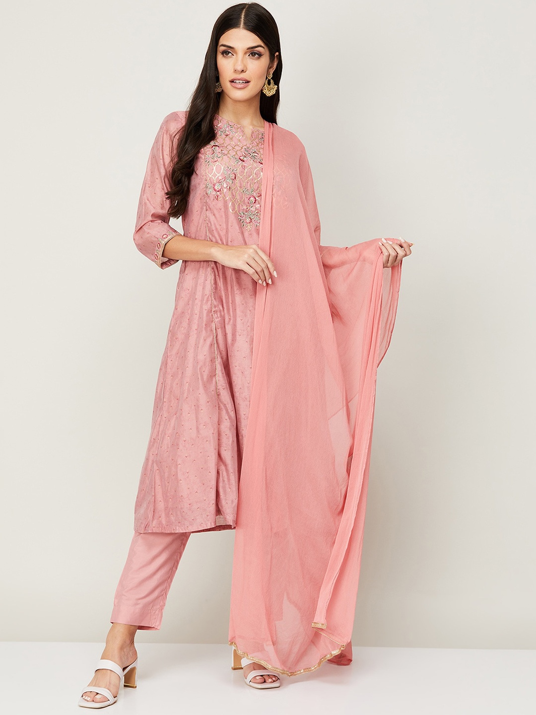

Melange by Lifestyle Women Pink Ethnic Motifs Embroidered Sequinned Kurta with Trousers & With Dupatta