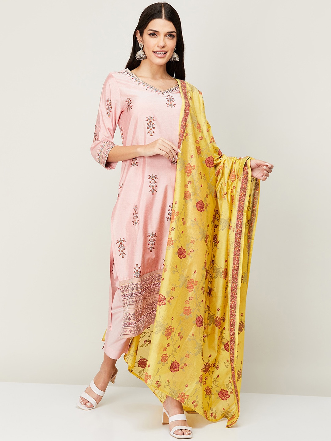 

Melange by Lifestyle Women Pink Floral Printed Thread Work Kurta with Trousers & With Dupatta